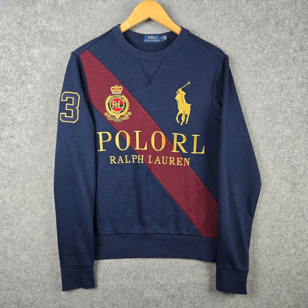 Polo Ralph Lauren Sweatshirt Mens Small Navy Blue Big Pony Crest Stripe Pullover